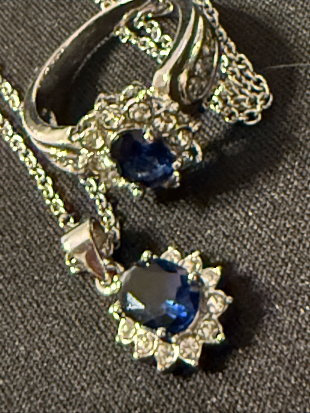 Genuine Sapphire & Diamond Halo Necklace Ring Set Princess Diana